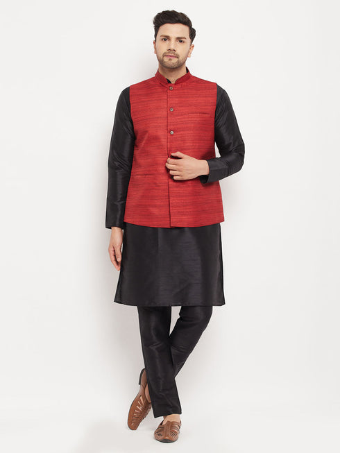 Vastramay Men's Maroon Matka Silk Nehru Jacket With Black Silk Blend Kurta and Pant style Pyjama Set